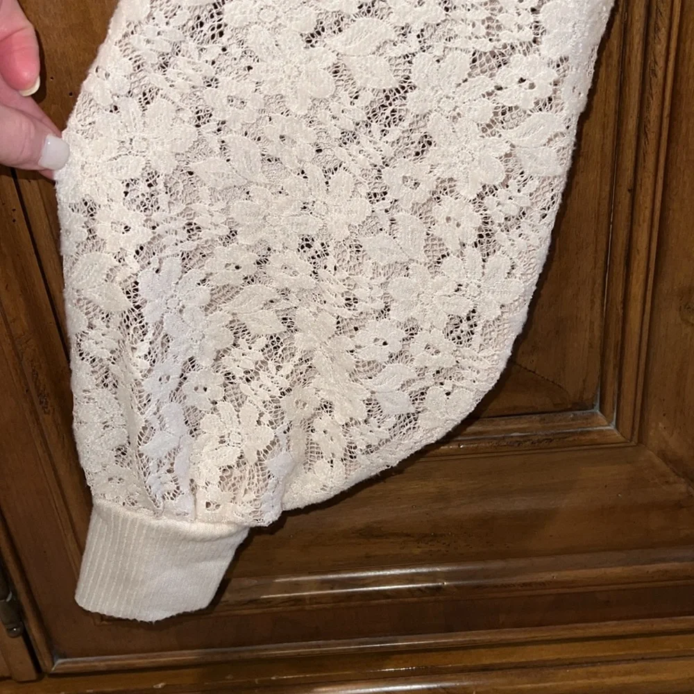 Anthropologie Lace Sleeve Ribbed Long Sleeve Top - Picture 6 of 10